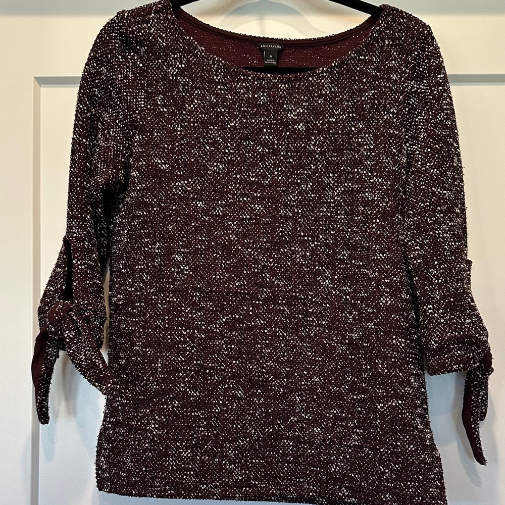 Ann Taylor Maroon and White Crew Neck Sweater